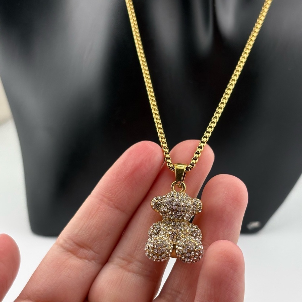 Gold Teddy Bear Pendant Necklace with Crystals ✨ - Picture 3 of 7